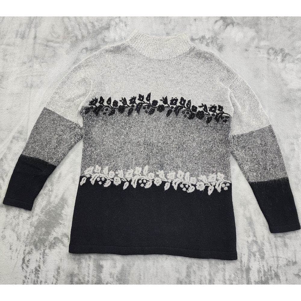 Vintage 80s Segue Silk‎ Angora Wool Mock Neck Sweater Size M Gray Black Floral